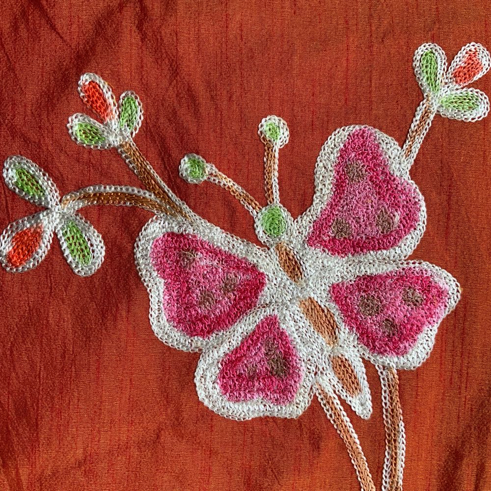 Orange Embroidered Silk Crewelwork Fabric norfolktextiles.co.uk